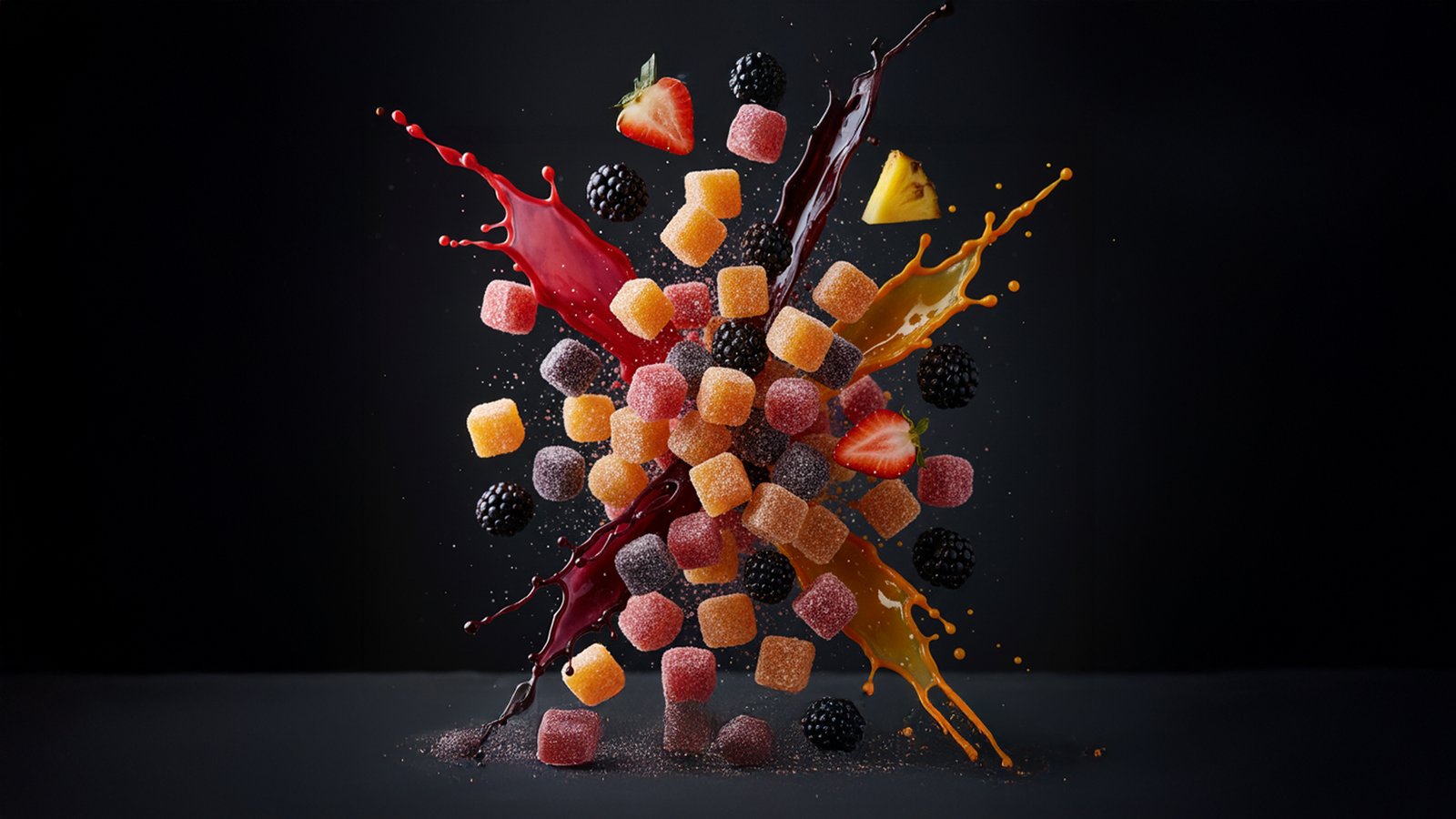 An explosion of colorful Flux Candy pieces and fresh fruit