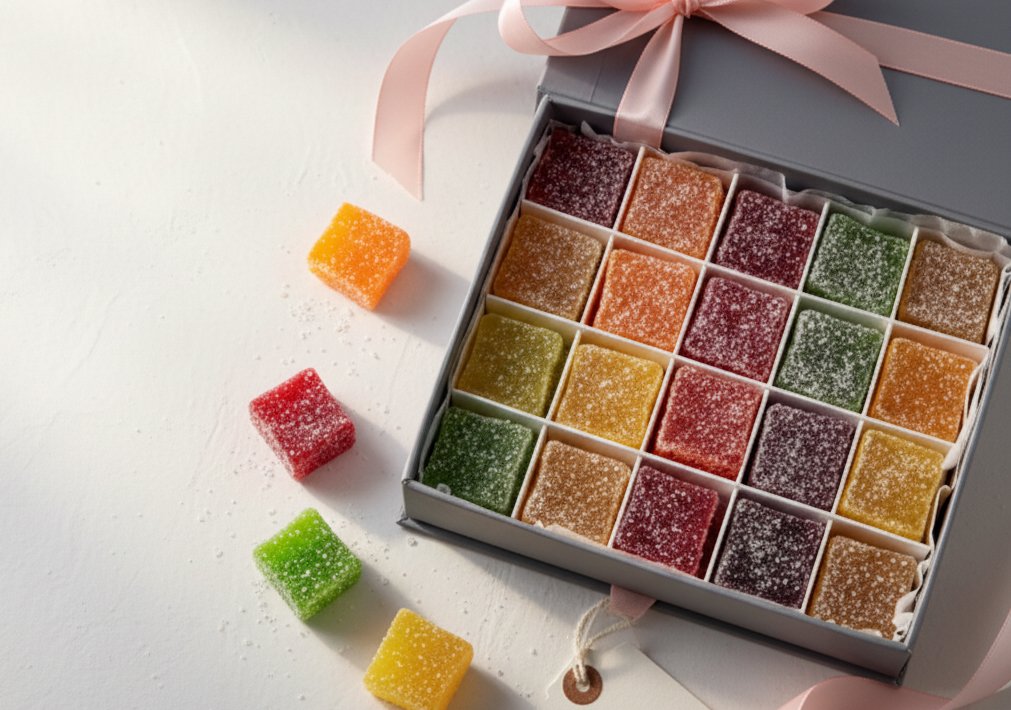 An elegant gift box of Flux Candy's artisanal pâte de fruit