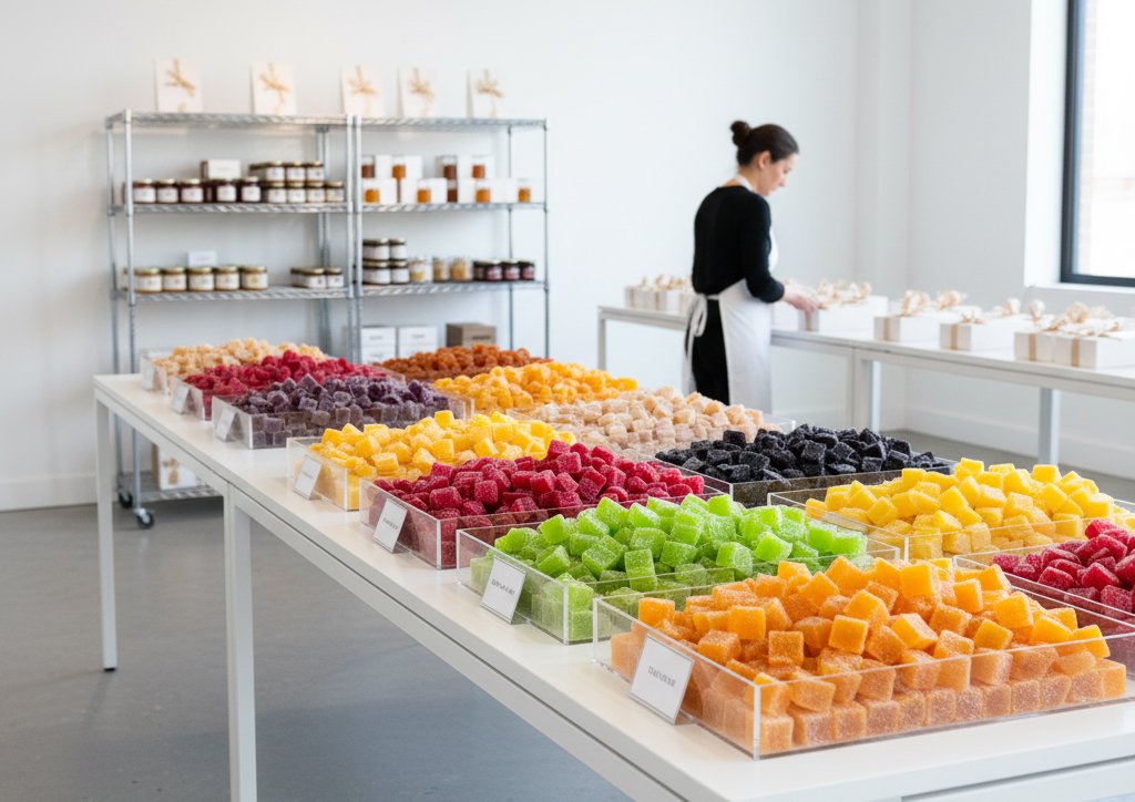 A stylish cafe or gourmet market setting displaying Flux Candy for wholesale